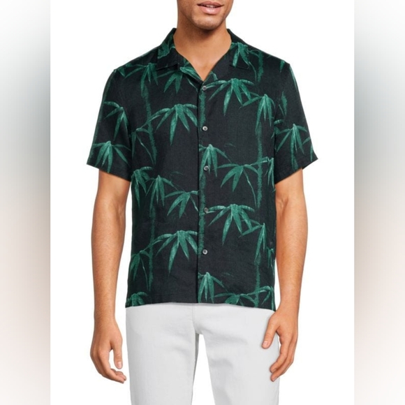 Theory Irving Camp Collar 100% Linen Men's Black/Green Bamboo Print Shirt Medium - Picture 1 of 9